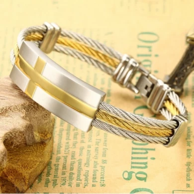 Fashion Men's Edelstahl Titan Bracelets Wholesale Golden Jewelry, Charm Triple Draht Bangles für Menschen mit Metal Cross Schnalle