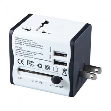Russia hot sale black white adapters world electrical plugs travel adapter with 2 USB chargers