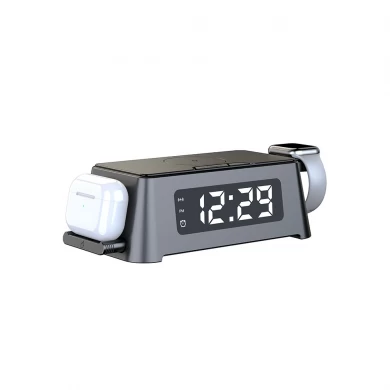 4 arada 1 hızlı kablosuz şarj çalar saat istasyonu LED dijital saat ve telefon için termometre ekran Iwatch AirPods şarjı (MH-D62)