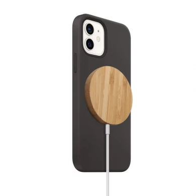 Mini Size Bamboo Material Magnetic Magsafe 15W Fast Wireless Charger with Customizable Wooden Color and Built-in Input Cable (MH-D50)