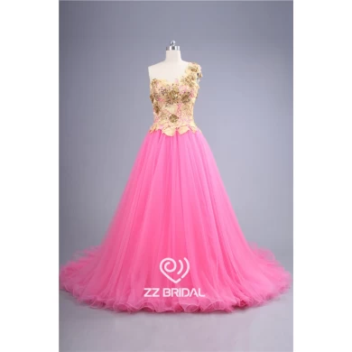 2016 última encaje guipur amarilla appliqued el vestido de novia de un solo hombro de color rosa de China
