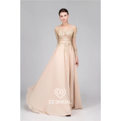 A-Line sequined long sleeve belt nude long evening dress made in China