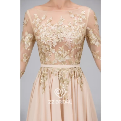 A-Line sequined long sleeve belt nude long evening dress made in China