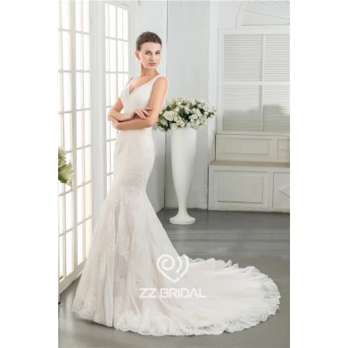Las imágenes reales V -Neck ver a través de encaje de nuevo fabricante de vestido de boda nupcial appliqued