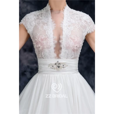 Actual images high neck cap sleeve beaded see-through princess wedding dress china supplier