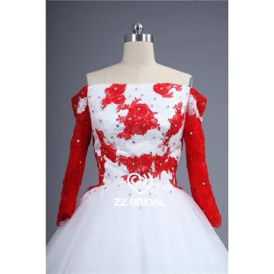 实际图像露肩长袖蕾丝红色蕾丝贴花婚纱制造商