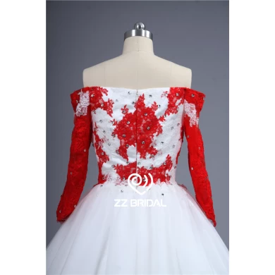 实际图像露肩长袖蕾丝红色蕾丝贴花婚纱制造商