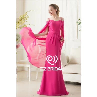 Actual images spaghetti strap  red rose chiffon evening dress with shawl