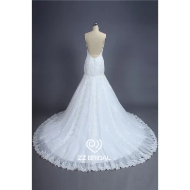 Фактические изображения спагетти ремень возлюбленной декольте спинки кружева аппликация русалка свадебное платье