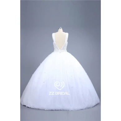 Las imágenes reales de espagueti vestido de bola con cuentas escote correa de novia de la boda vestido de China