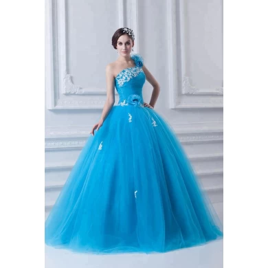 Blauwe applicaties ruches een schouder baljurk goedkope prom jurk 2019