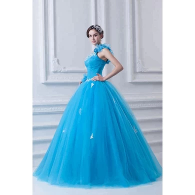 Apliques azuis plissado um ombro vestido de baile barato vestido de baile 2019