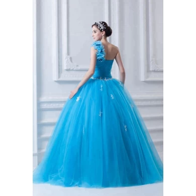Blue appliques ruffle one shoulder ball gown cheap prom dress 2019