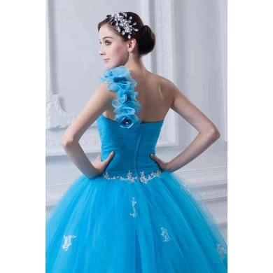 Blauwe applicaties ruches een schouder baljurk goedkope prom jurk 2019