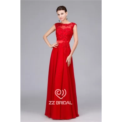 Bright red chiffon beaded scoop neckline cap sleeve v-back long evening dress supplier