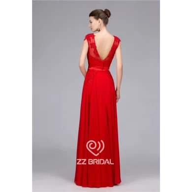 Bright red chiffon beaded scoop neckline cap sleeve v-back long evening dress supplier