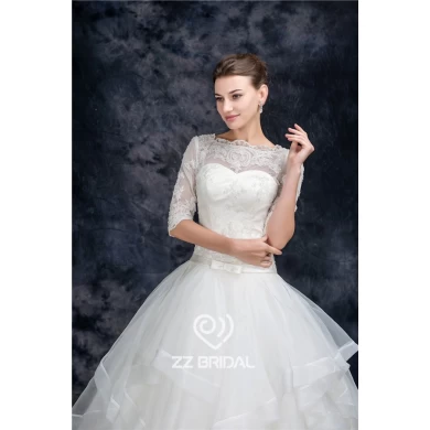 Charming half sleeve illusion neckline full length organza princess wedding dress  manufacturer