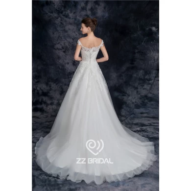 China elegante laço appliqued off vestido de noiva ombro 2016 com flores feitas à mão
