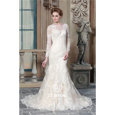 China long sleeve lace appliqued see through back mermaid wedding dress supplier