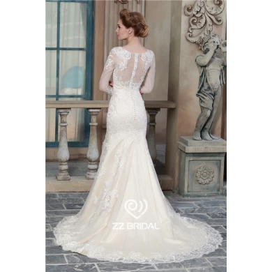 China long sleeve lace appliqued see through back mermaid wedding dress supplier