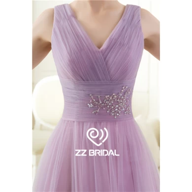 China new arrival v-neck and v-back ruffled beaded light purple long evening gown