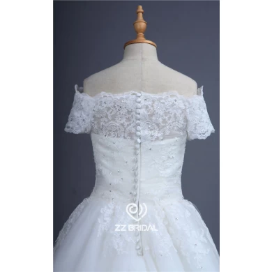 China short sleeve off shoulder lace appliqued beaded wedding gown supplier