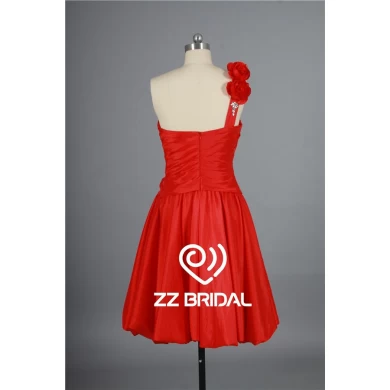Cute one shoulder ruffled beaded backless red short evening gown with handmade flowers