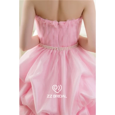 Sin tirantes con volantes perlas lindo vestido de fiesta rosa fabricante de vestido de noche corto