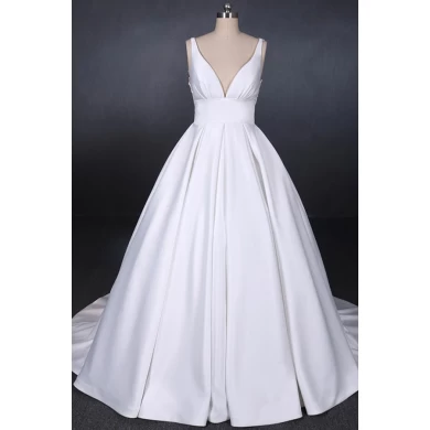 优雅的深V领露背纯粹真实图像简单的婚纱礼服荷叶边缎面新娘礼服