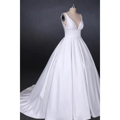 Elegante Profundo Decote Em V Sem Encosto Sheer Real Imagem Simples Vestidos de Noiva Ruffled Satin Vestidos de Noiva