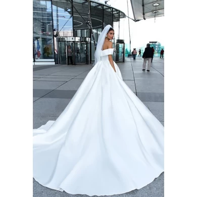 Elegant Deep V Neck Simple Real Image Long Train Wedding Dresses Ruffled Satin Bridal Gowns 2019