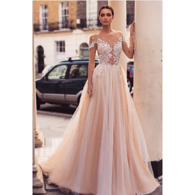 Elegant Vestido De Lace Champagne Long Sleeve Illusion Wedding Dress A Line Bridal Gowns 2019