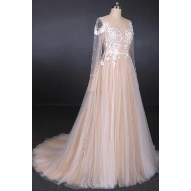 Elegante Vestido De Lace Champagne Vestido de novia de manga larga con ilusión, una línea de vestidos de novia 2019