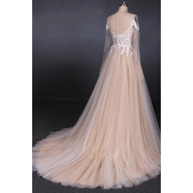 Elegant Vestido De Lace Champagne Long Sleeve Illusion Wedding Dress A Line Bridal Gowns 2019