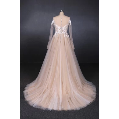 Elegante Vestido De Lace Champagne Vestido de novia de manga larga con ilusión, una línea de vestidos de novia 2019