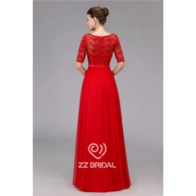 Perles élégante dentelle guipure et demi manches robe rouge de soirée longue fabriqués en Chine