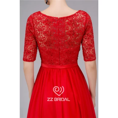 Elegant beaded guipure lace half sleeve red long evening dress made in China
