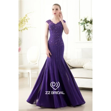 Elegant cap sleeve beaded sequined v-back mermaid purple long evening dress supplier