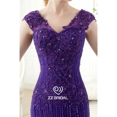 Элегантный Cap рукавом бисером блестками V-обратно русалка фиолетовый длинное вечернее платье с поставщиком