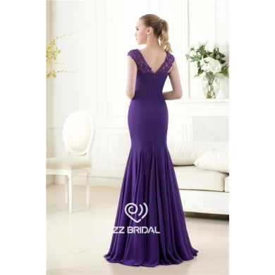 Elegant cap sleeve beaded sequined v-back mermaid purple long evening dress supplier