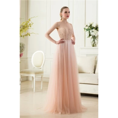 Elegant invisible tulle sleeveless beaded floor length nude long evening dress factory