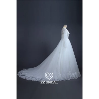 Elegant long sleeve beaded see through back lace bottom wedding dress China