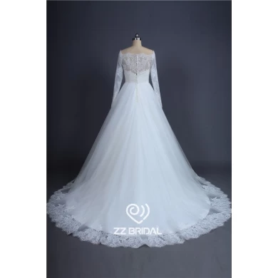 Elegant long sleeve beaded see through back lace bottom wedding dress China