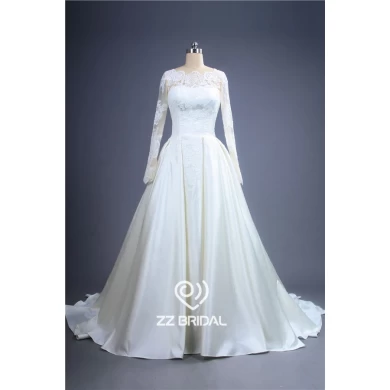 Elegancki długi rękaw koronki satyna iluzję producentem appliqued-Line suknia ślubna
