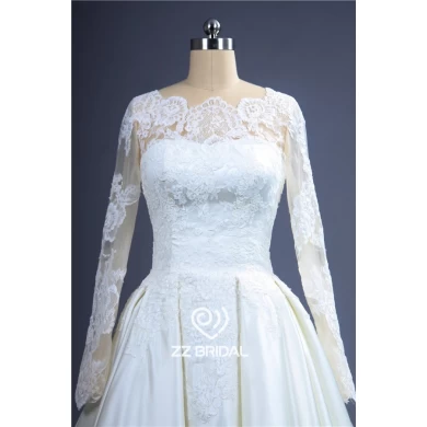 Elegant satin long sleeve lace appliqued illusion A-Line wedding gown manufacturer