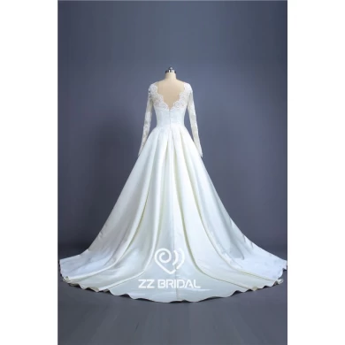 Elegante de cetim de manga longa de renda ilusão appliqued fabricante vestido de noiva A-Line
