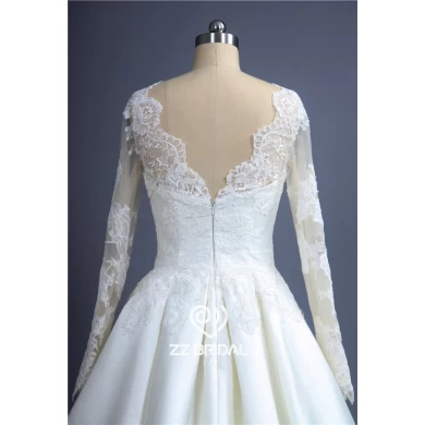 Elegant satin long sleeve lace appliqued illusion A-Line wedding gown manufacturer