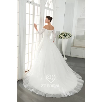 Excellent long sleeve off shoulder sweetheart neckline lace appliqued wedding gown factory