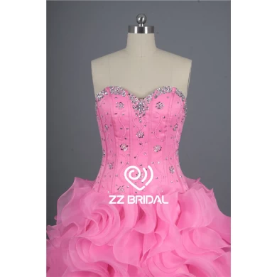 Girl dress organza layered sweetheart neckline beaded pink prom dress supplier