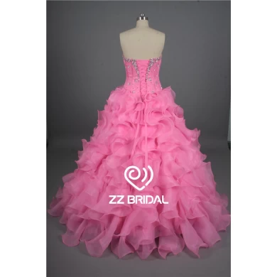 Girl dress organza layered sweetheart neckline beaded pink prom dress supplier